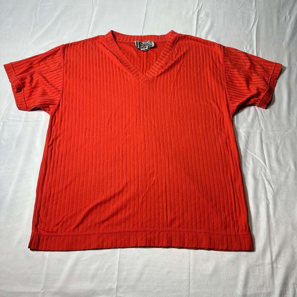Vintage Forenza Women’s Red Ribbed Knit V-Neck Short Sleeve Stretch Top One Size